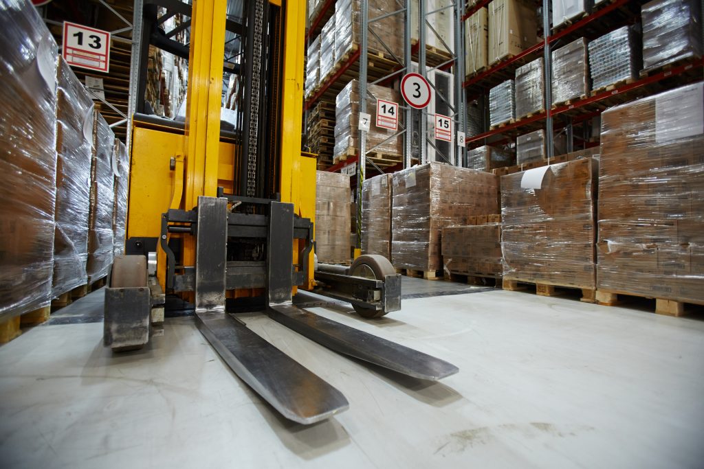 Heavy logistics warehouse forklift truck operations